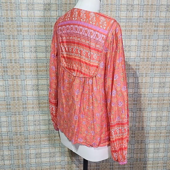 Lucky Brand Boho Peasant Top Orange Floral Embroidered Lace-Up Tassel Blouse - Picture 3 of 10